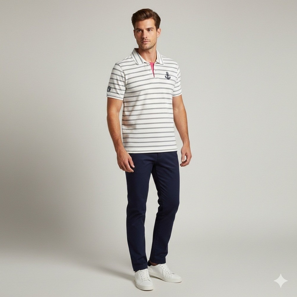 Sina Cova Polo Shirt‎ Mens Large White Gray Striped Anchor Vintage